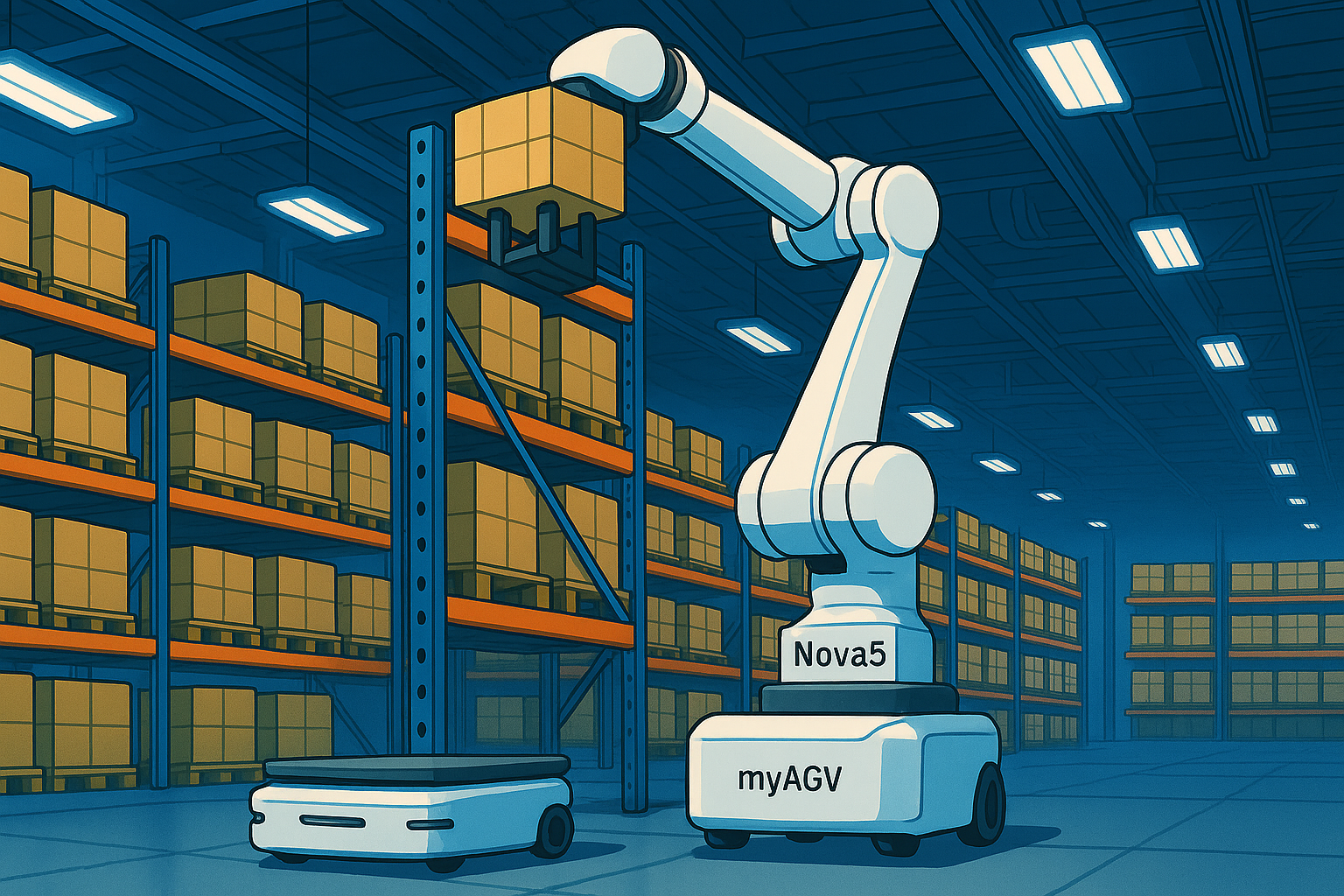 Dobot Nova5 robotic arm and myAGV mobile robot performing a package pickup